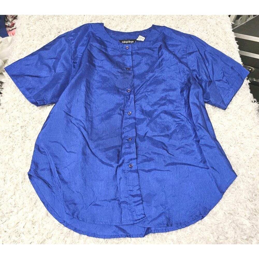 Ashleigh Morgan Vtg 90s Raw Silk Look Collarless Blouse Textured Shirt Top M Fit